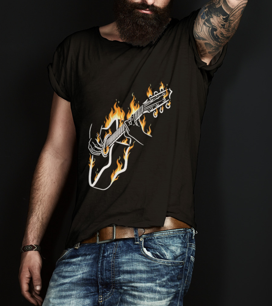 Musician Hands Flaming Acoustic Guitar White Line Artistry T-Shirt