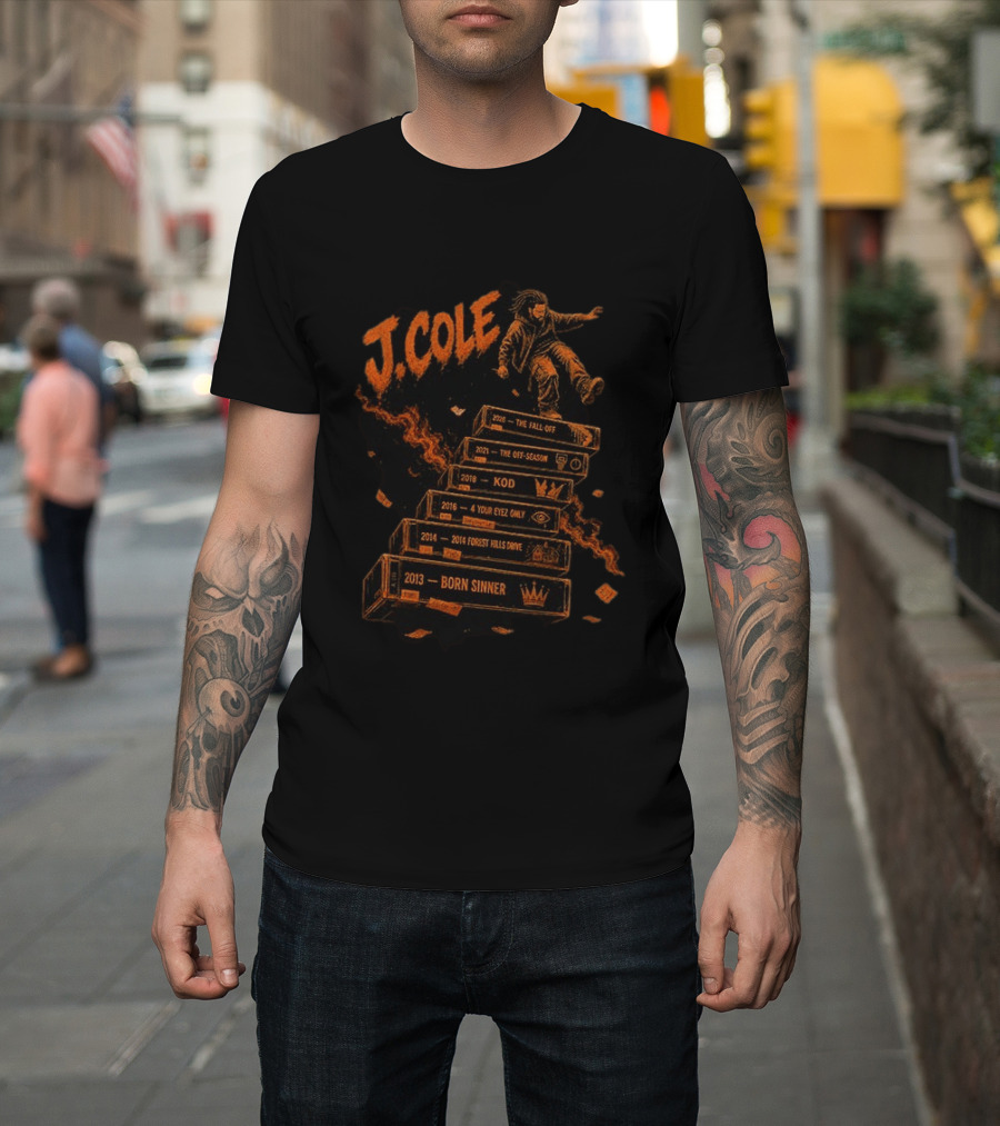 J Cole The Fall Off Tour 2013 Born Sinner 2014 Forest Hills Drive 2016 4 Your Eyez Only KOD 2021 The Off Season Hip Hop Rap Music T-Shirt