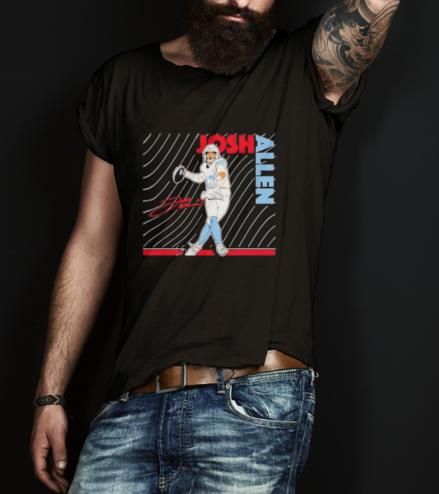 Josh Allen Quarterback Throwing Football Wavy Line Illustration With Bold Name T-Shirt