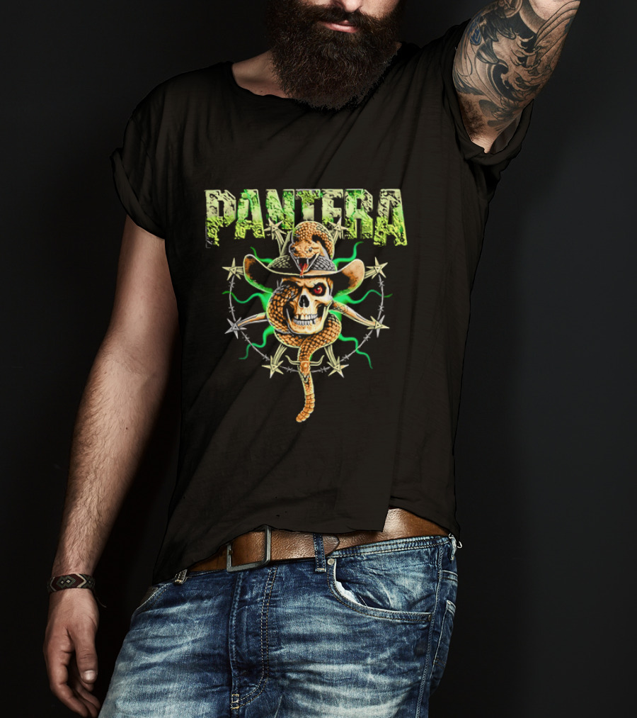Pantera Rattlesnake Coiled Skull Cowboy Hat Green Glow T-Shirt