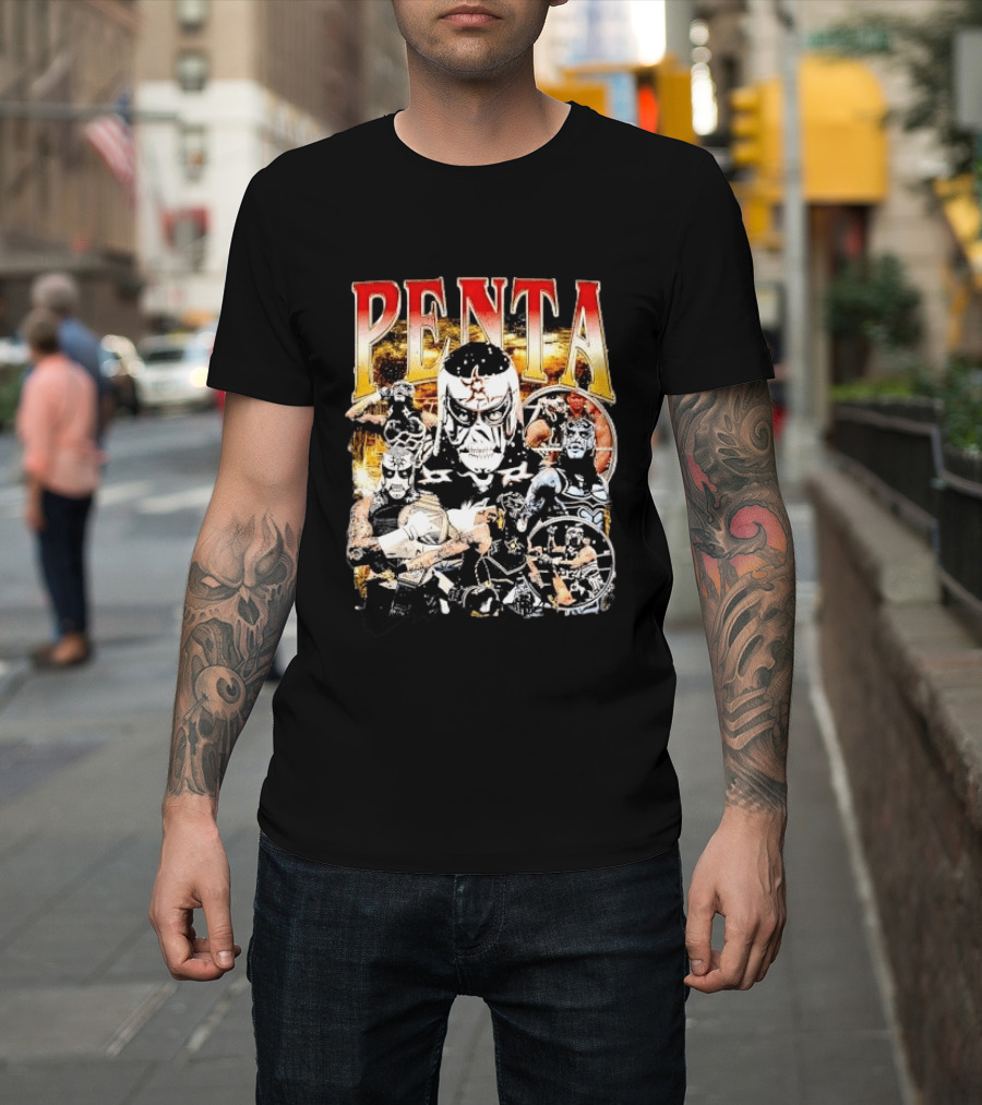 Penta Masked Luchador Wrestler Belt Photo Collage Bootleg T-Shirt