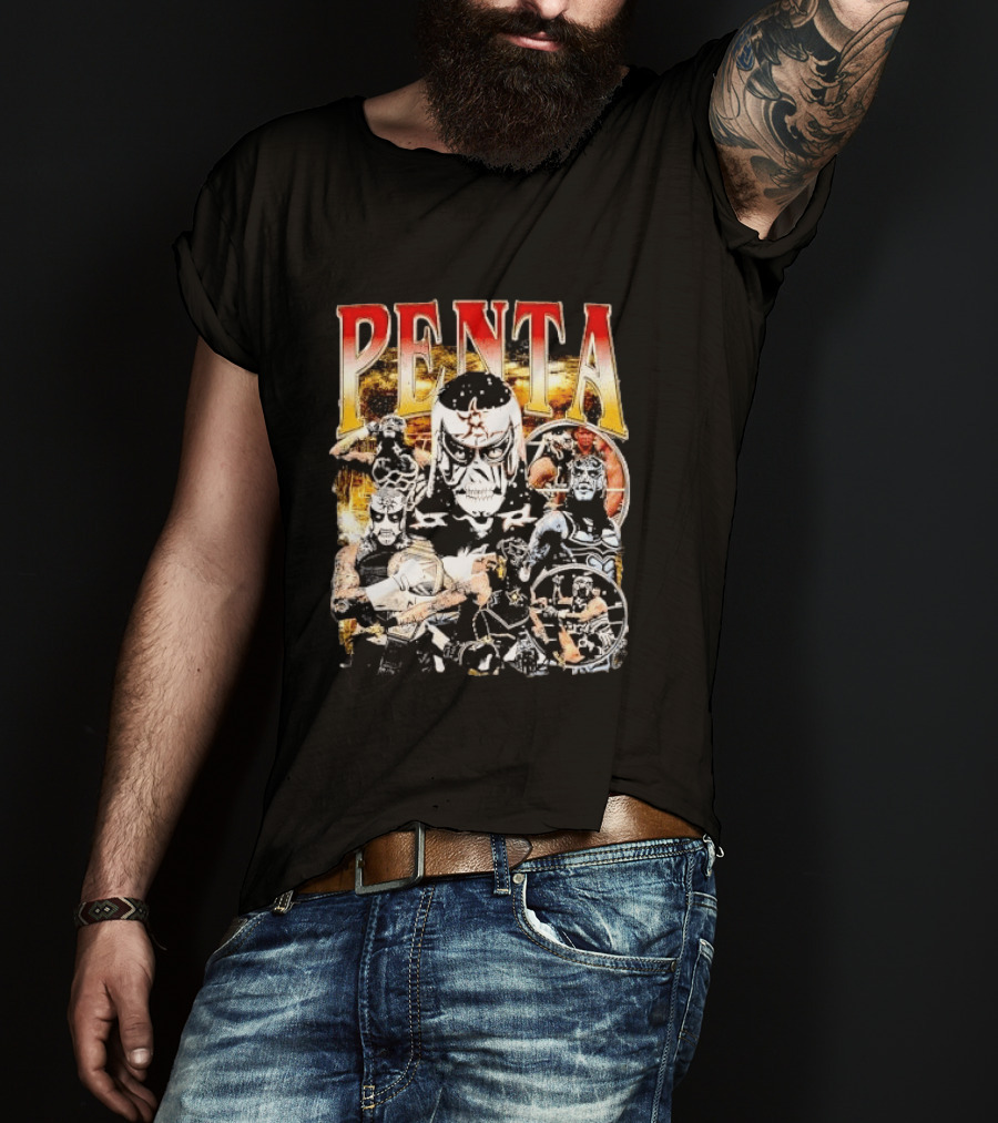 Penta Masked Luchador Wrestler Belt Photo Collage Bootleg T-Shirt