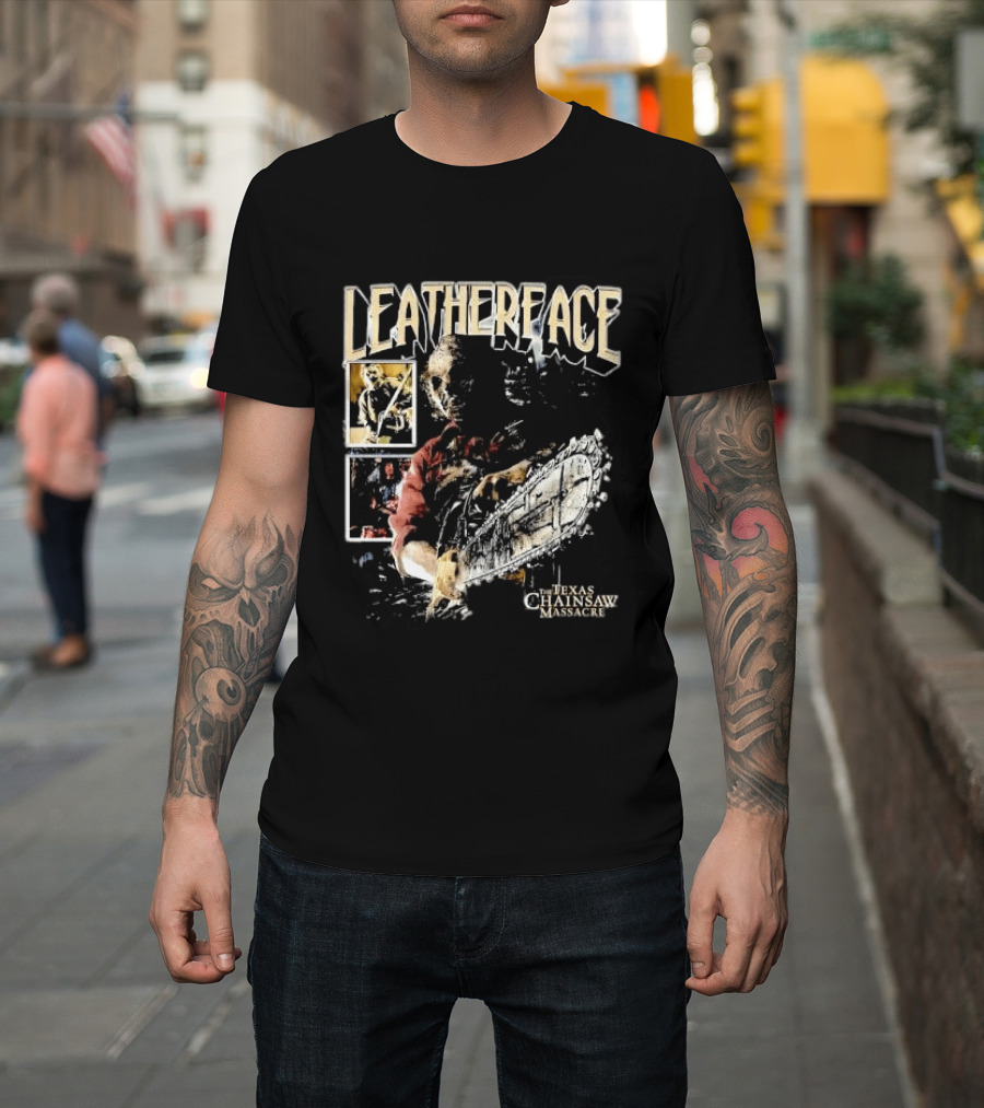Leatherface Texas Chainsaw Massacre Horror Collage Holding Saw T-Shirt