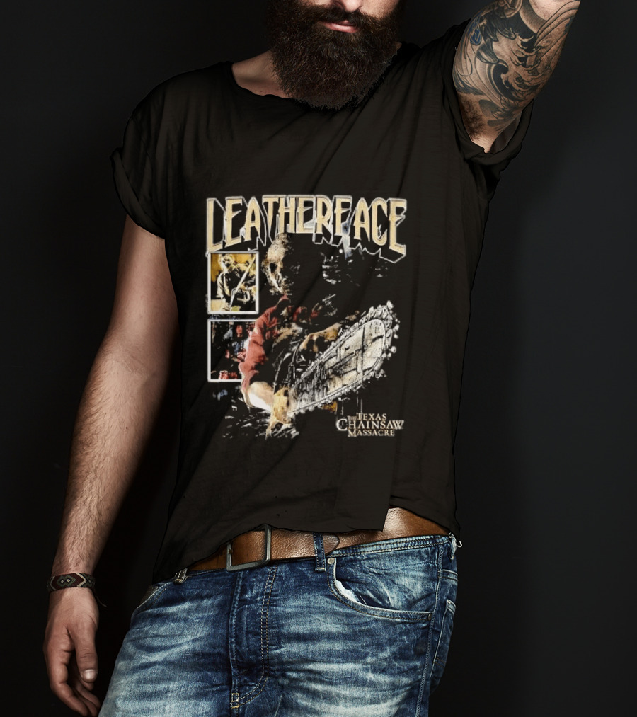 Leatherface Texas Chainsaw Massacre Horror Collage Holding Saw T-Shirt