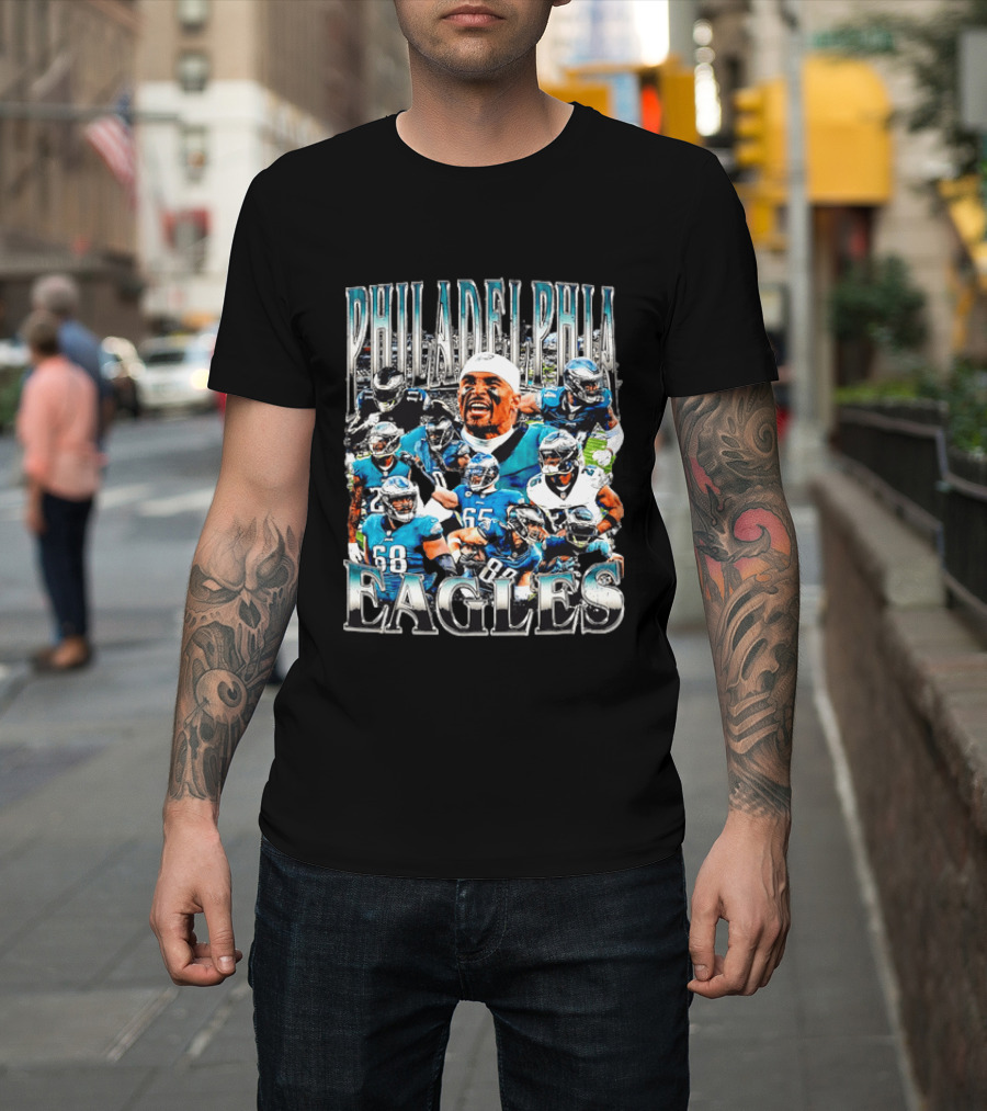 Philadelphia Eagles Player Photo Collage Screaming Metallic Bootleg T-Shirt