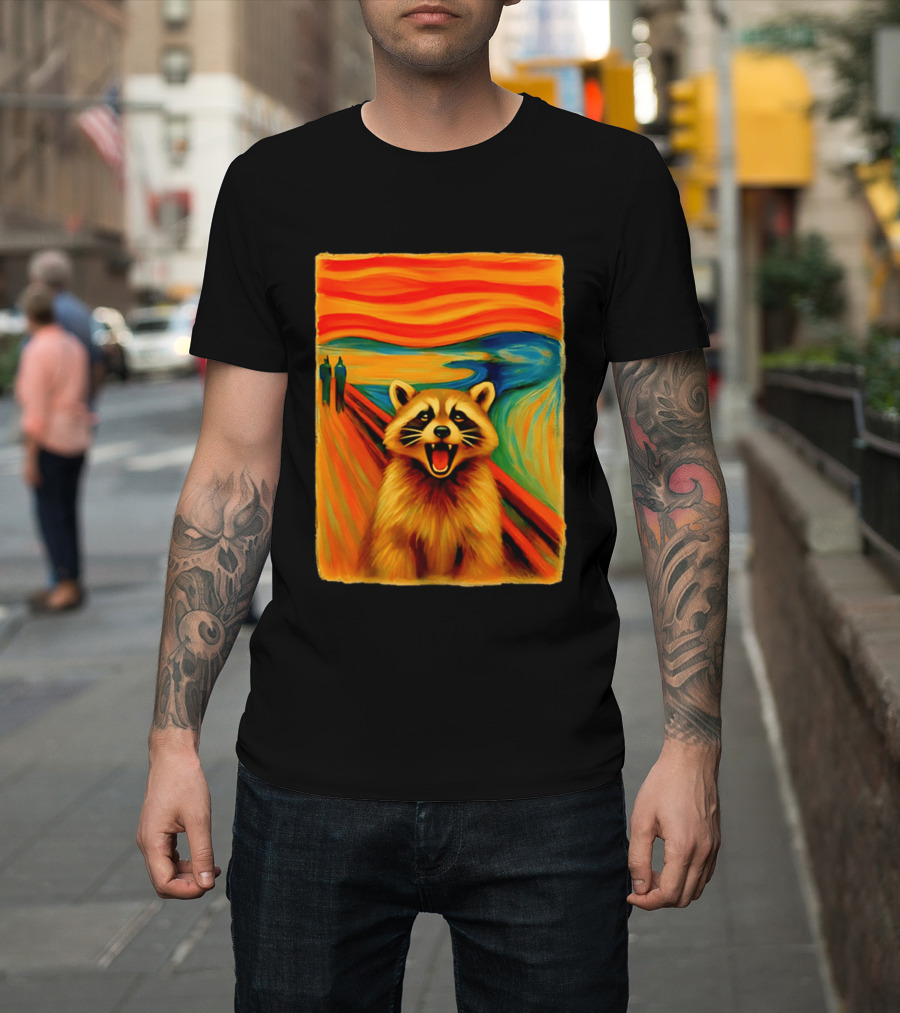 Raccoon The Scream Edvard Munch Painting Mashup T-Shirt