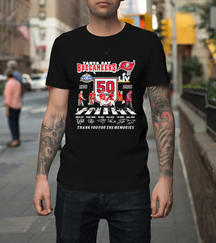 Tampa Bay Buccaneers 50th Anniversary Thank You For The Memories Warren Sapp Derrick Brooks Abbey Road Crosswalk 1976 2026 T-Shirt