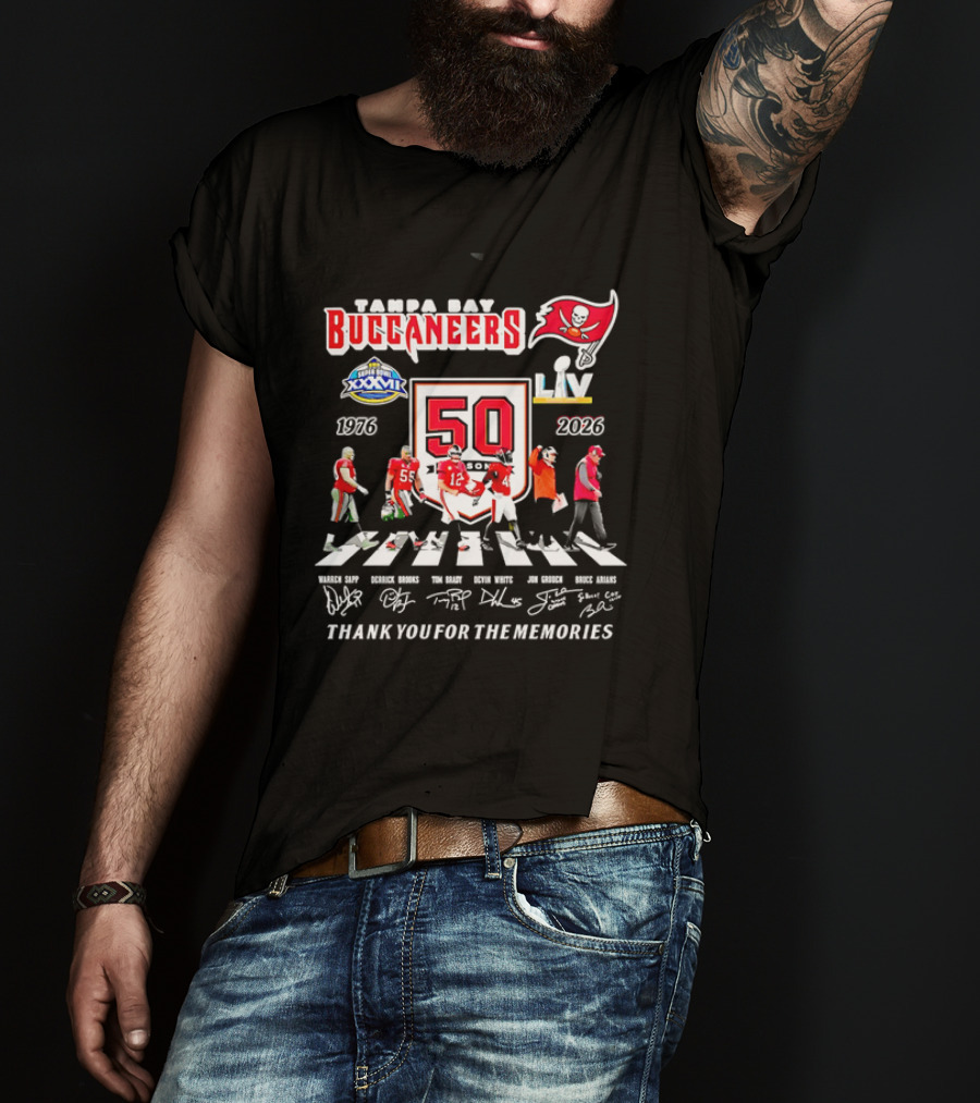 Tampa Bay Buccaneers 50th Anniversary Thank You For The Memories Warren Sapp Derrick Brooks Abbey Road Crosswalk 1976 2026 T-Shirt