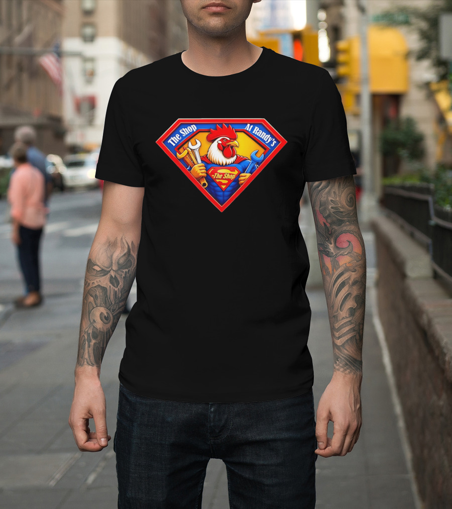 The Shop At Randy's Cartoon Rooster Superhero Wrenches Crest T-Shirt