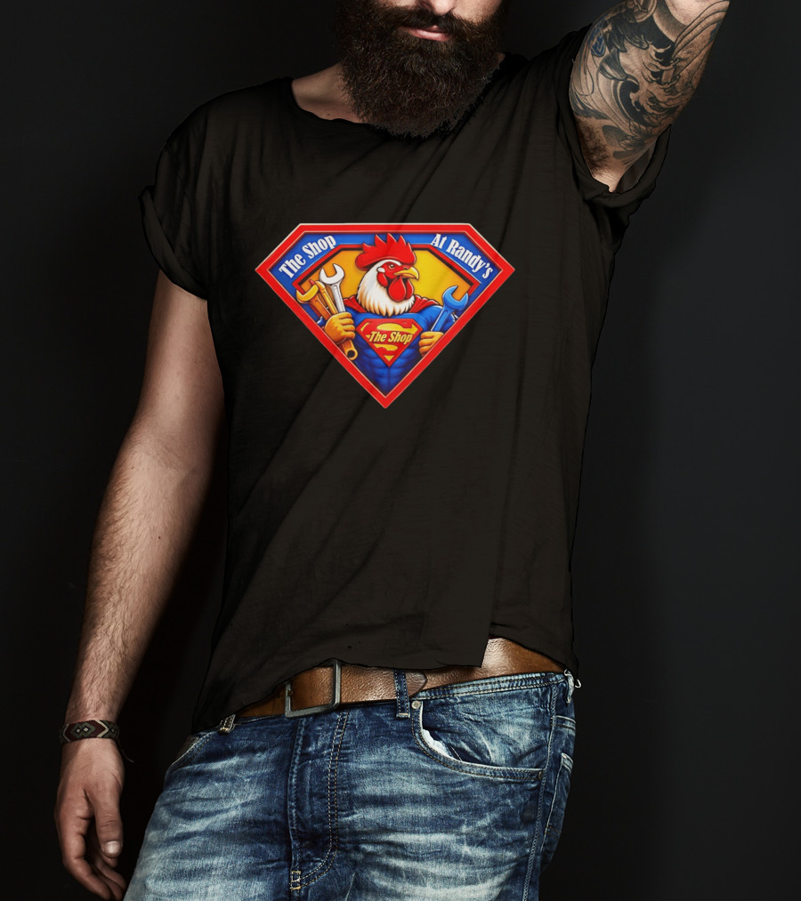 The Shop At Randy's Cartoon Rooster Superhero Wrenches Crest T-Shirt