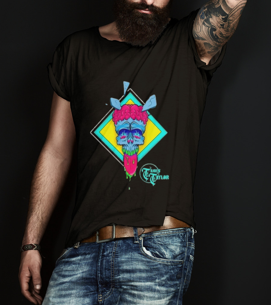 Travis Taylor Neon Skull Pink Brain Green Slime Tongue Diamond Geometric T-Shirt