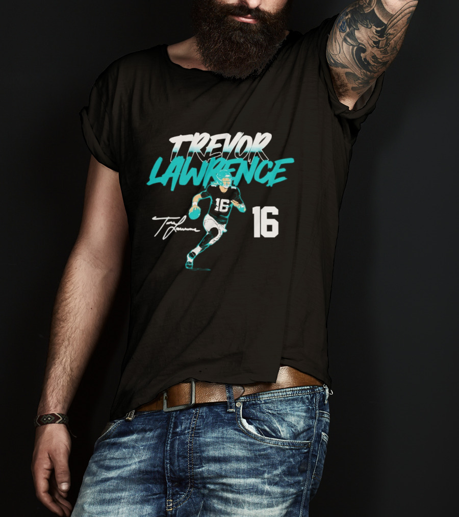 Trevor Lawrence No 16 Jaguars Signature Style Football 2026 T-Shirt