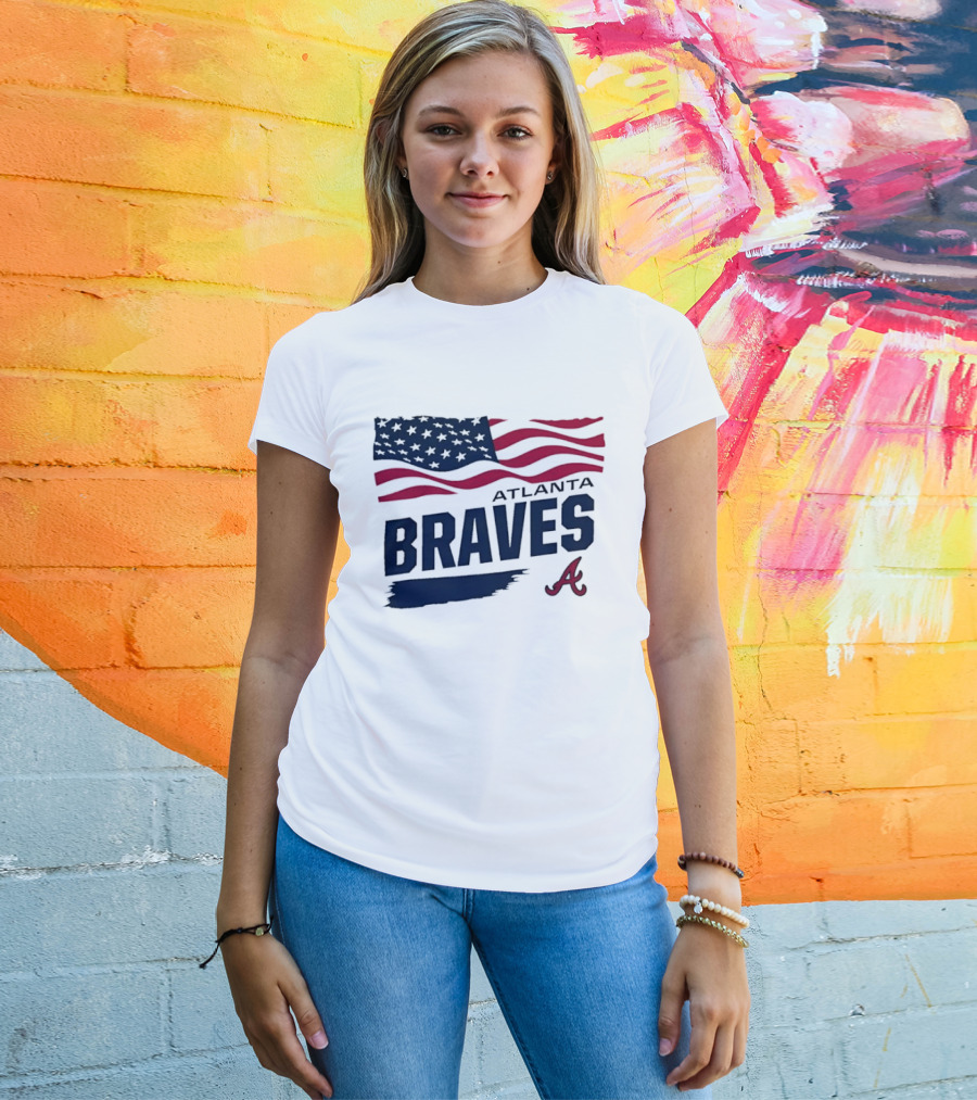 Atlanta Braves Waving American Flag Brushstroke MLB T-Shirt