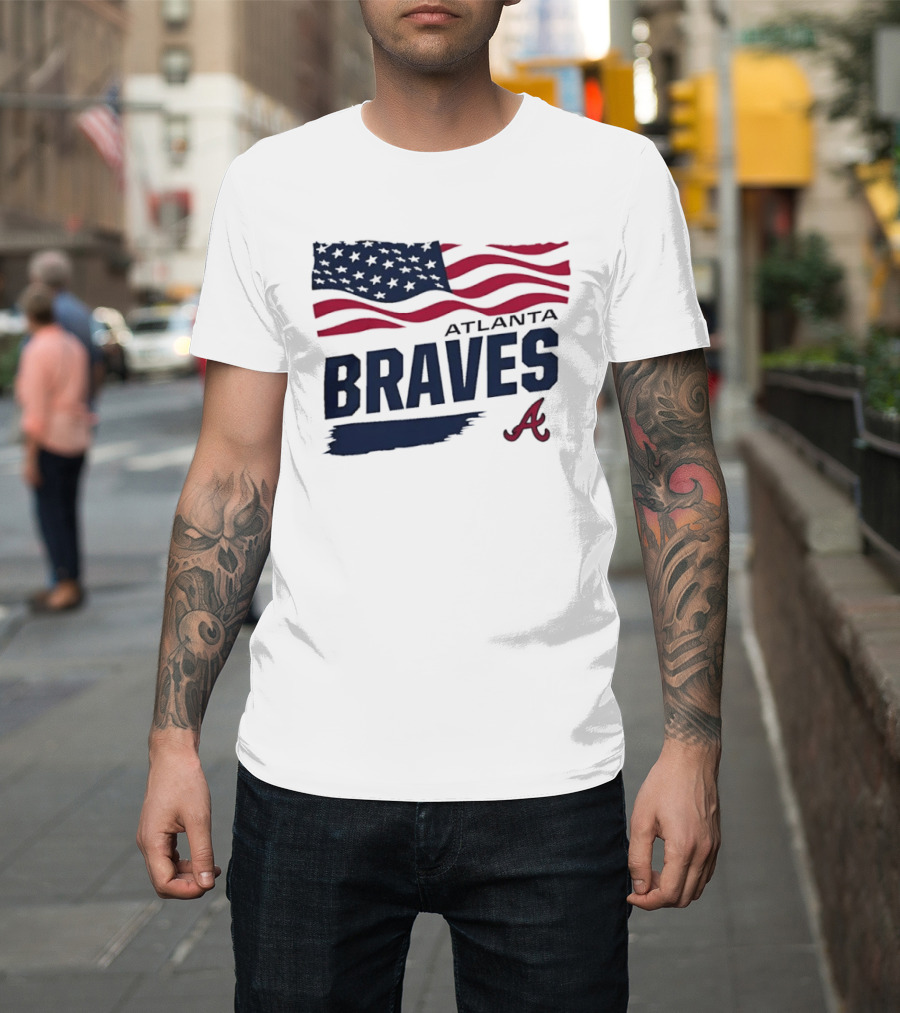 Atlanta Braves Waving American Flag Brushstroke MLB T-Shirt