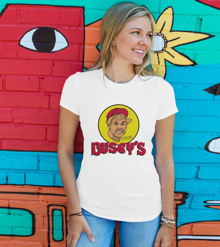 Busey's Let's Talk About Buttered Sausage Gary Busey Red Cap T-Shirt
