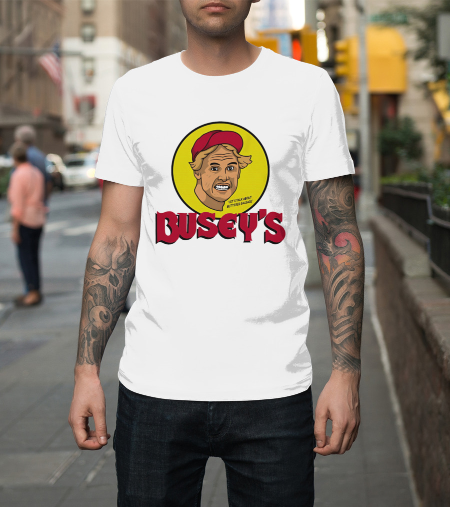 Busey's Let's Talk About Buttered Sausage Gary Busey Red Cap T-Shirt