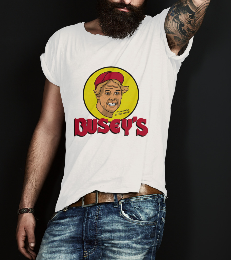 Busey's Let's Talk About Buttered Sausage Gary Busey Red Cap T-Shirt