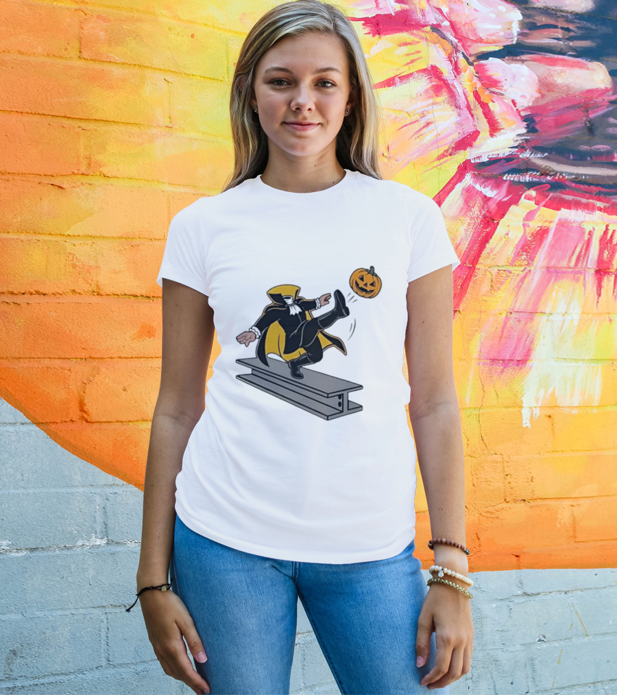 Cartoon Headless Horseman Kicking Jack O Lantern Pumpkin Steel Beam T-Shirt