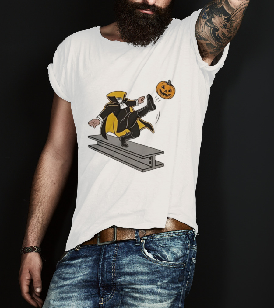 Cartoon Headless Horseman Kicking Jack O Lantern Pumpkin Steel Beam T-Shirt