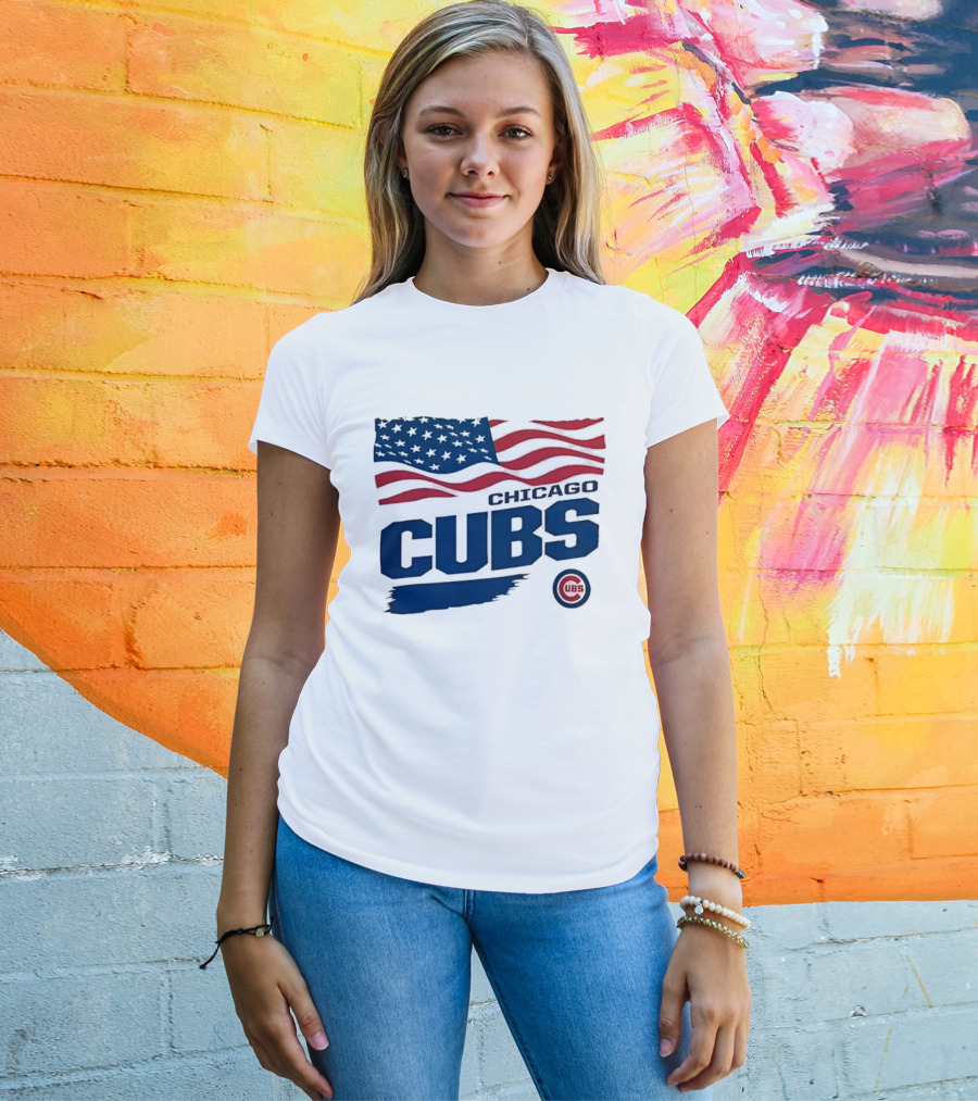 Chicago Cubs American Flag Waving Paint Brush Stroke MLB Cubs T-Shirt