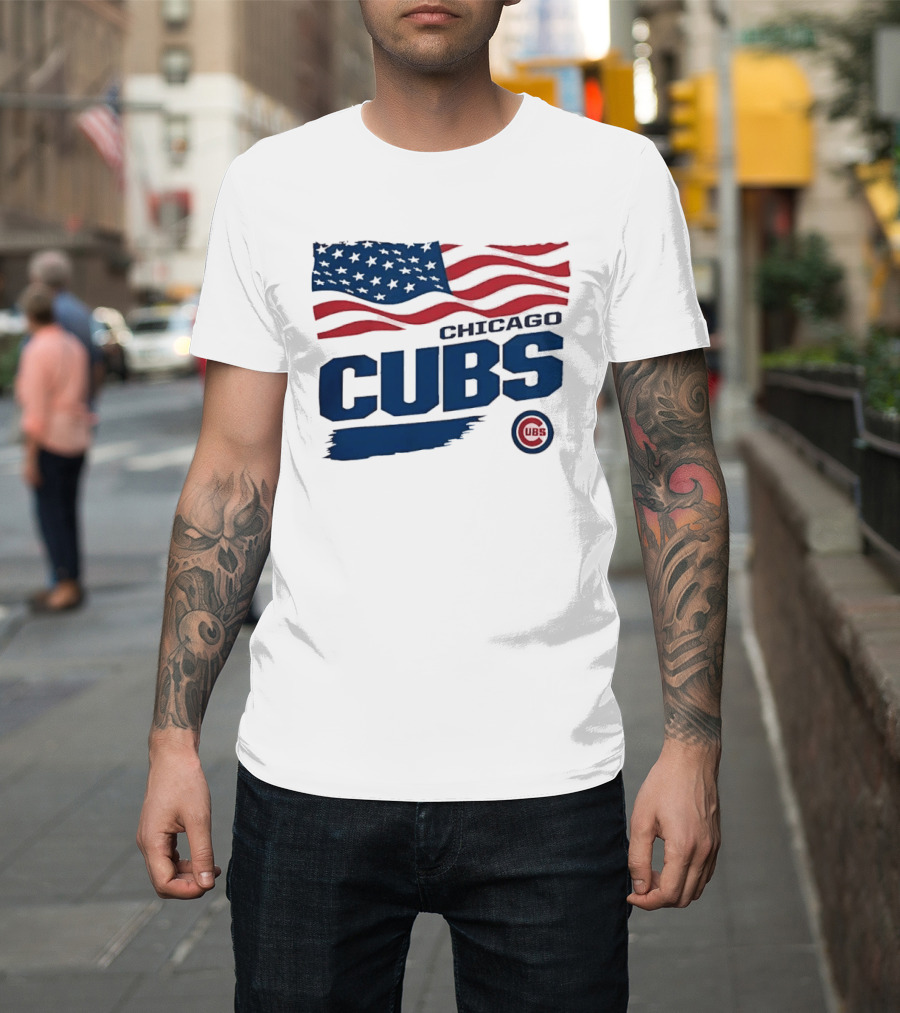 Chicago Cubs American Flag Waving Paint Brush Stroke MLB Cubs T-Shirt