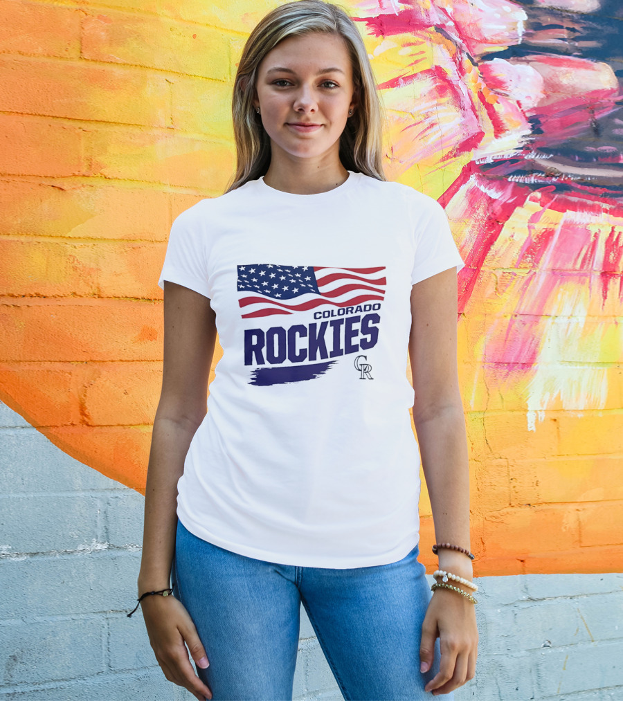 Colorado Rockies MLB American Flag Brush Stroke Waving T-Shirt