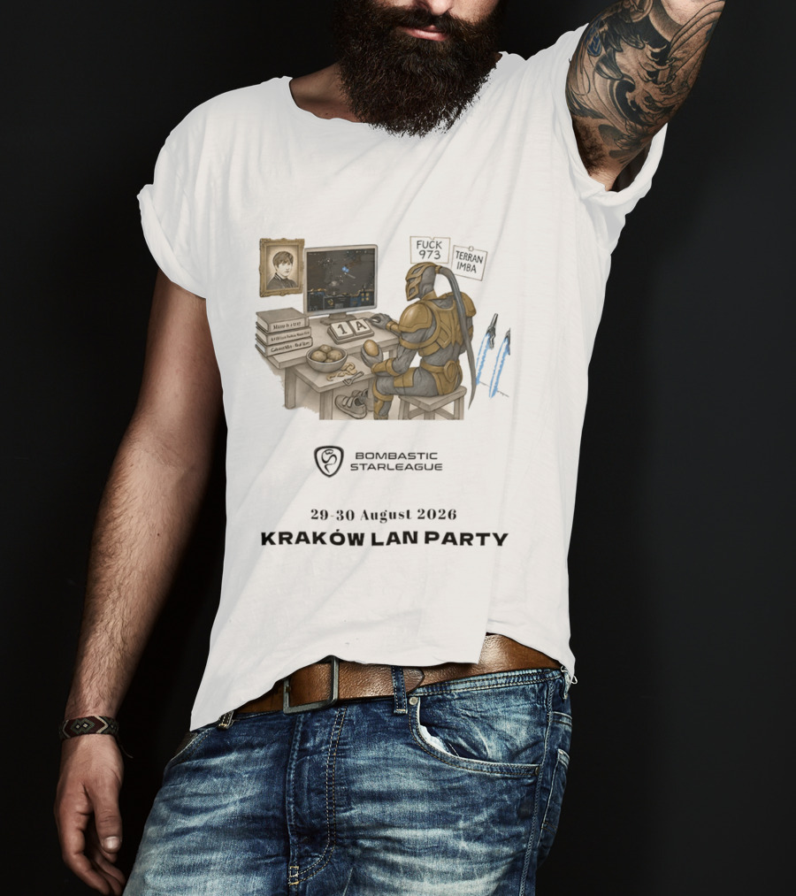 Bombastic StarLeague LAN Party Kraków August 2026 Terran Imba Micro Trap Nexus Gatewayman T-Shirt