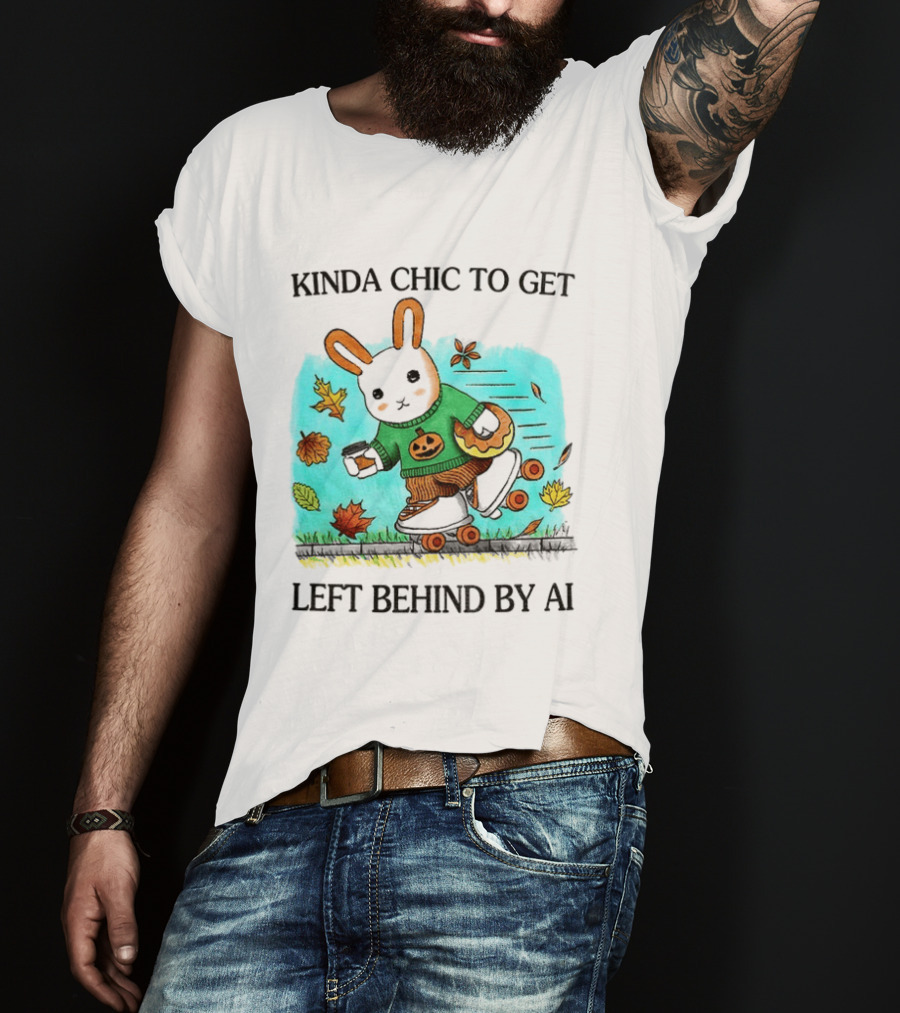 Kinda Chic Rabbit Roller Skating With Pumpkin Happy Fall Leaves Left Behind By AI T-Shirt