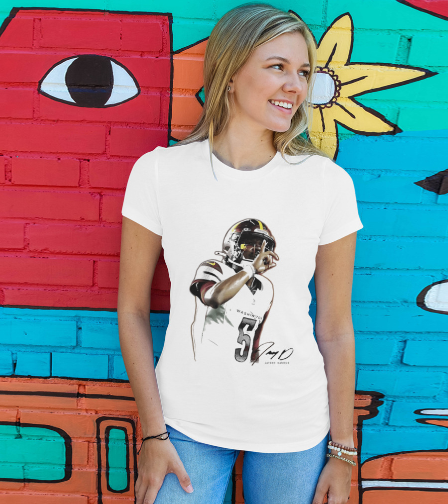 Washington Commanders Jayden Daniels Quarterback Finger To Lips Photo Cutout T-Shirt