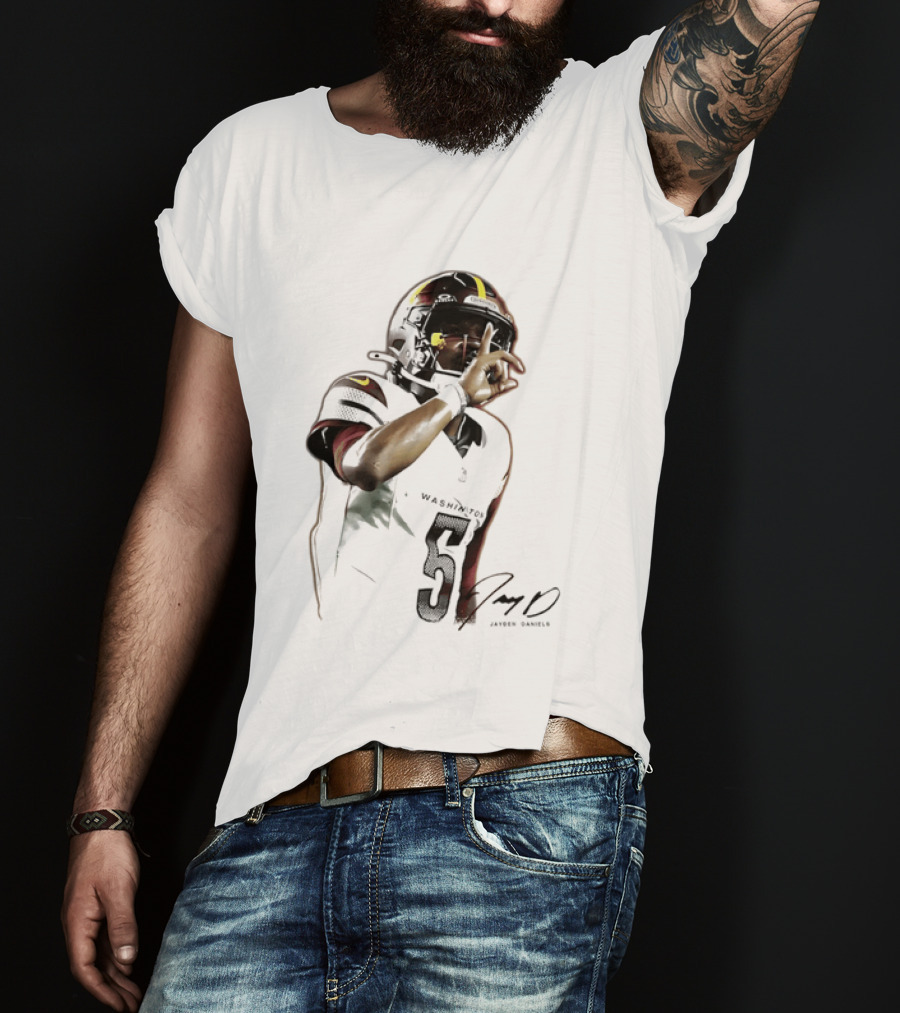 Washington Commanders Jayden Daniels Quarterback Finger To Lips Photo Cutout T-Shirt