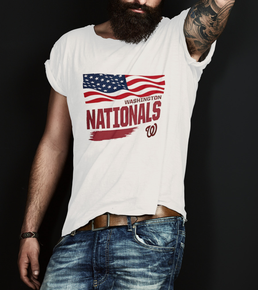 Washington Nationals Waving American Flag Red Brushstroke MLB T-Shirt