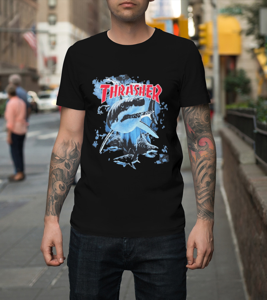 Thrasher Shark Blue Print Skateboarding T-Shirt
