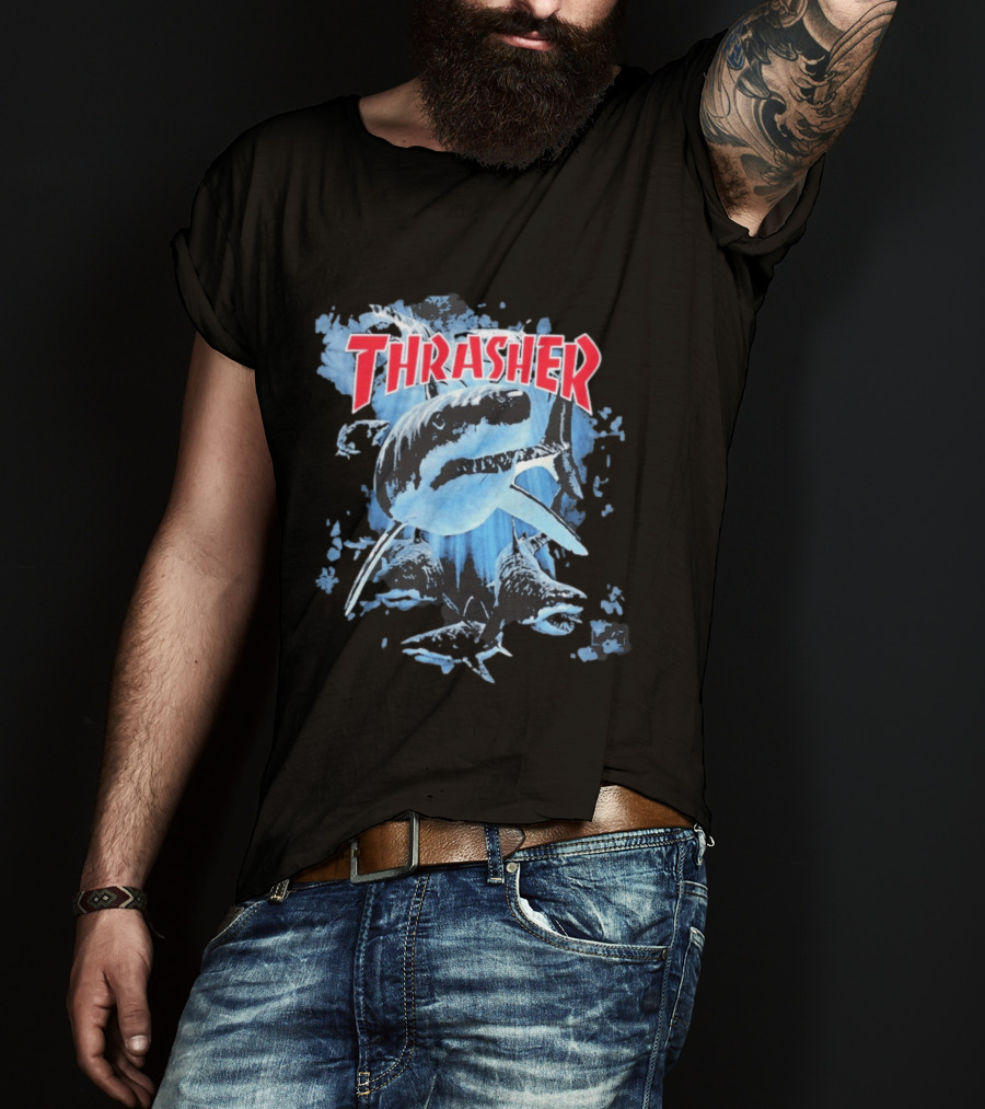 Thrasher Shark Blue Print Skateboarding T-Shirt