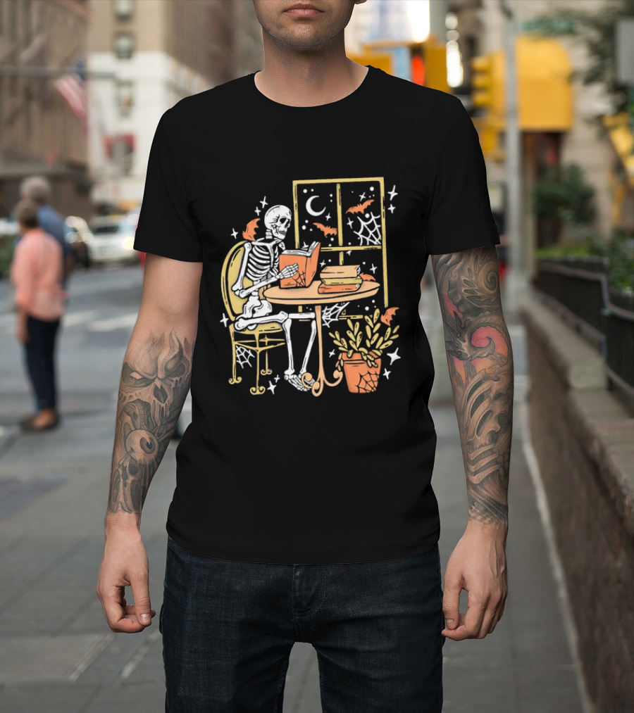 Cartoon Skeleton Reading Under Crescent Moon With Bats Orange Book Table Window T-Shirt