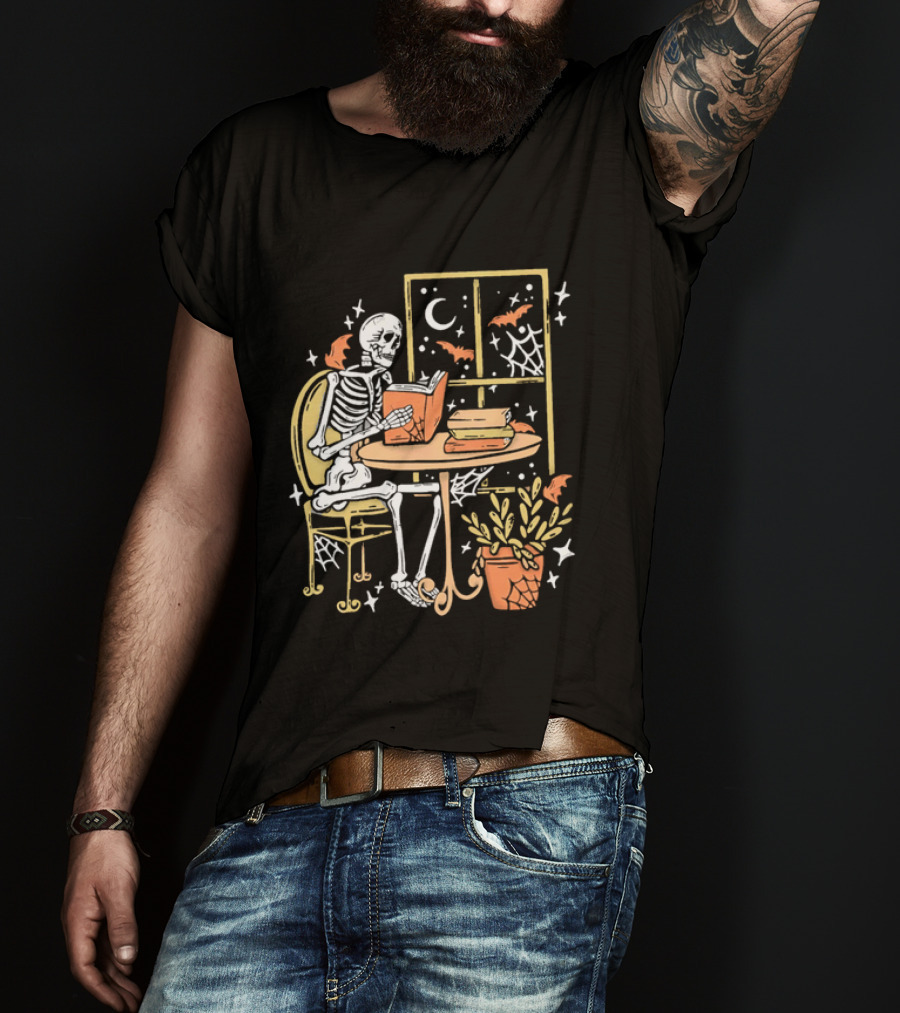Cartoon Skeleton Reading Under Crescent Moon With Bats Orange Book Table Window T-Shirt