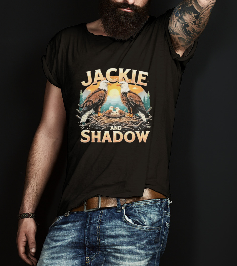 Jackie And Shadow American Eagles Family In Nest With Mountains And Sun T-Shirt