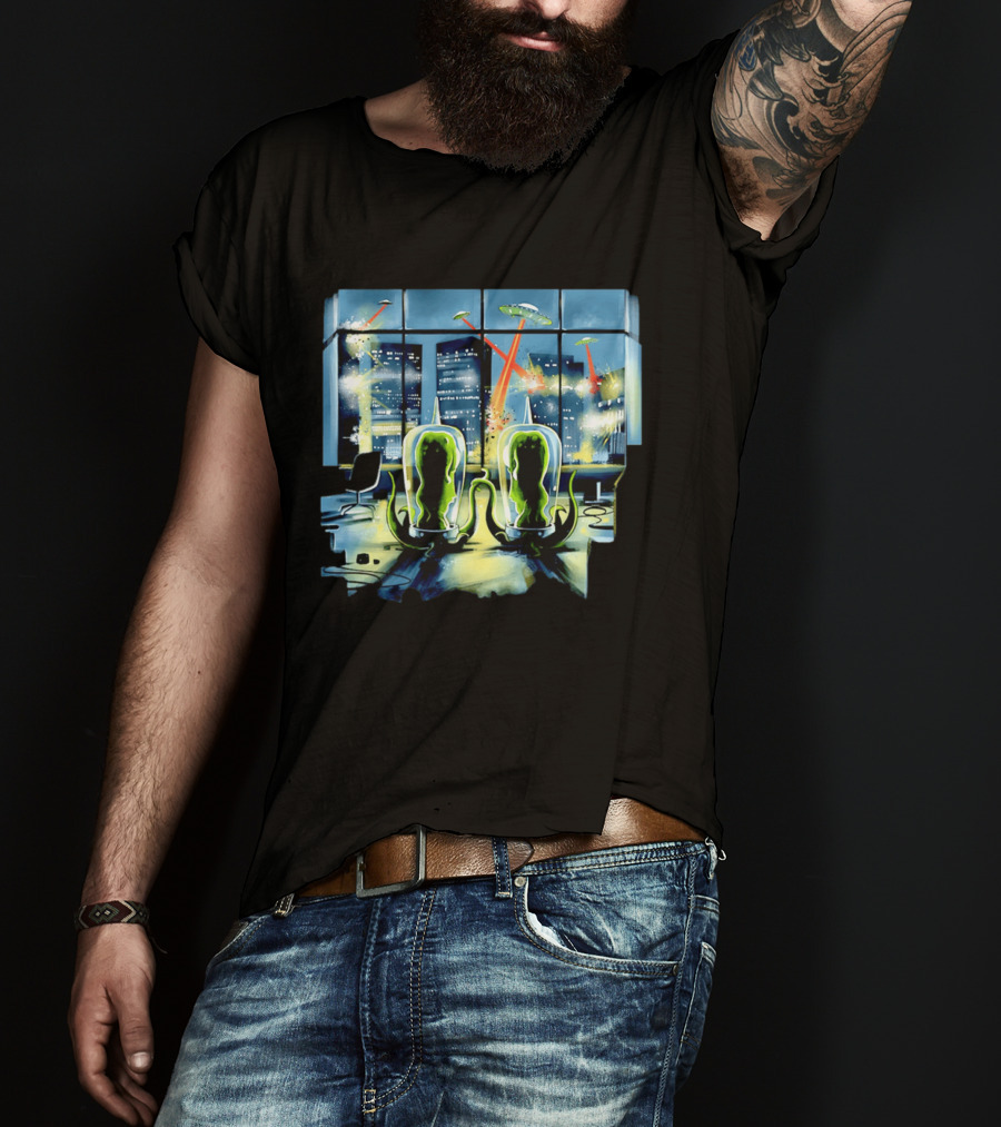 Project Rigel Alien Invasion City Battle Scene With Flying Saucers And Lasers T-Shirt