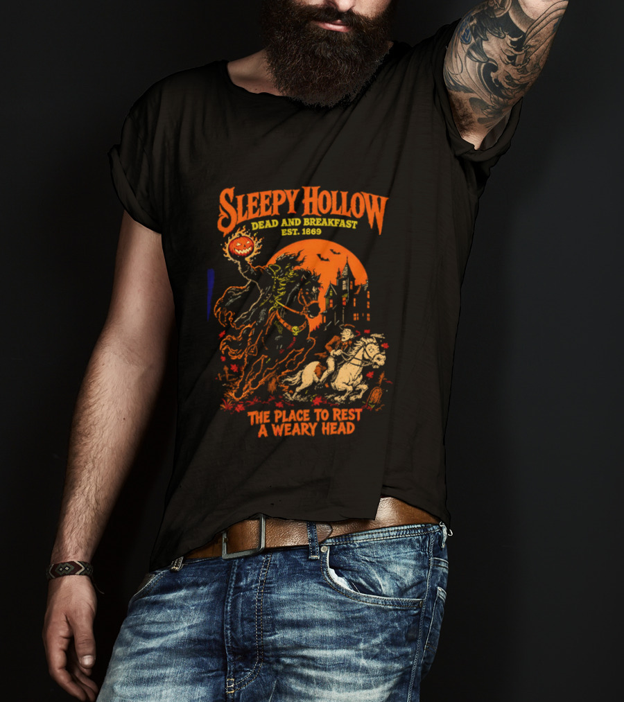 Sleepy Hollow Dead And Breakfast Est 1820 Headless Horseman The Place To Rest A Weary Head Halloween Pumpkin T-Shirt