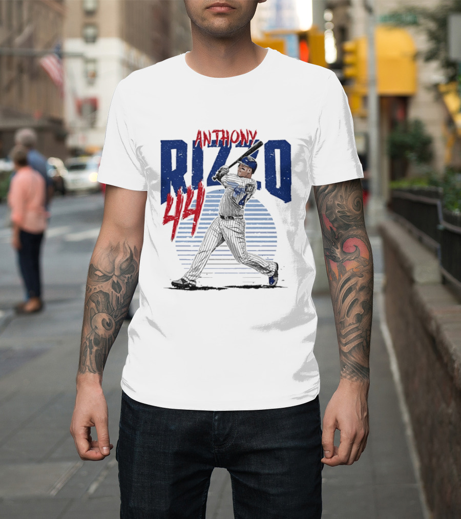 Anthony Rizzo 44 Baseball Batter Swinging Striped Sun Distressed T-Shirt