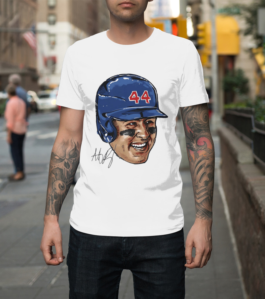 Anthony Rizzo 44 Blue Helmet Halftone Caricature T-Shirt