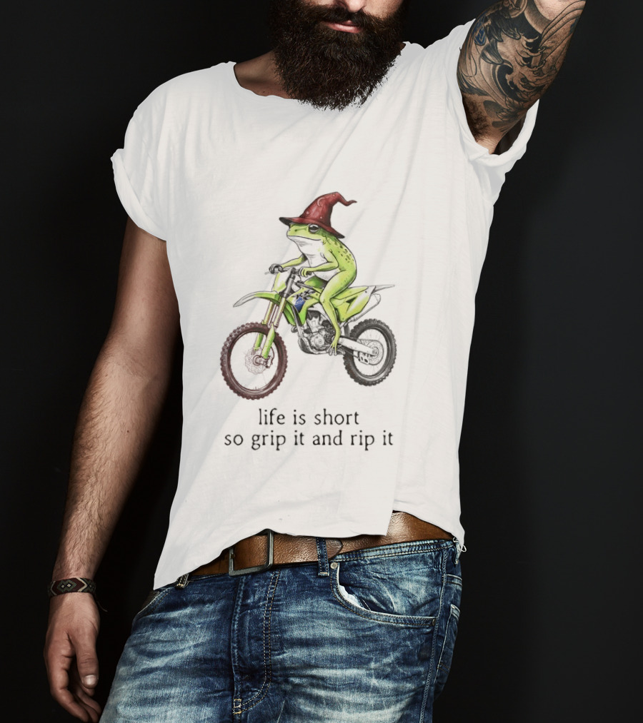 Life Is Short So Grip It And Rip It Frog Red Wizard Hat Green Dirt Bike Adventure T-Shirt