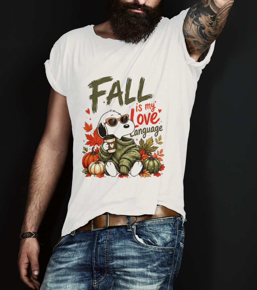 Fall Is My Love Language Cartoon Dog Cozy Green Sweater Pumpkins Leaves Coffee T-Shirt