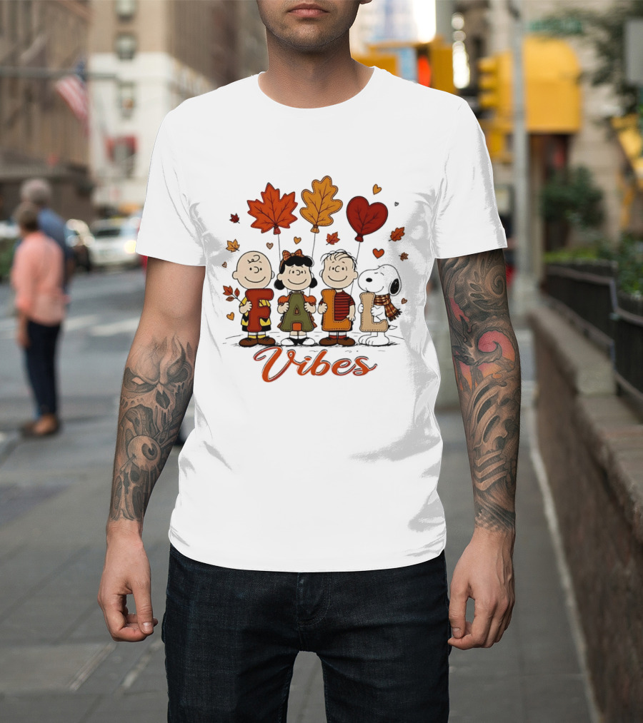 Fall Vibes Peanuts Characters With Leaf Balloons T-Shirt
