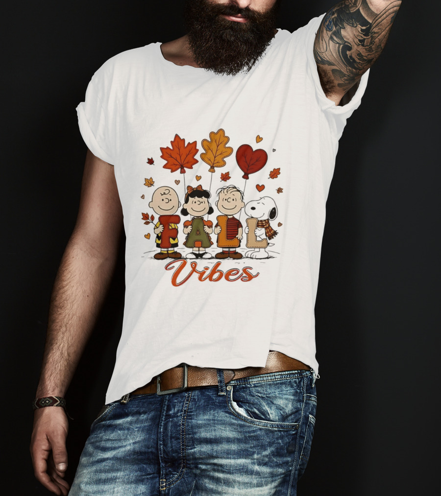 Fall Vibes Peanuts Characters With Leaf Balloons T-Shirt