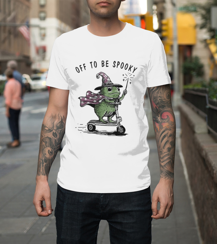Frog Wizard On Scooter With Cape Off To Be Spooky Magic Wand T-Shirt