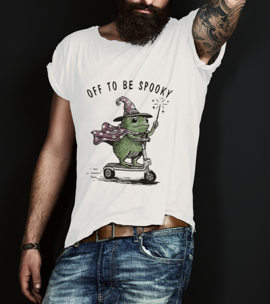 Frog Wizard On Scooter With Cape Off To Be Spooky Magic Wand T-Shirt
