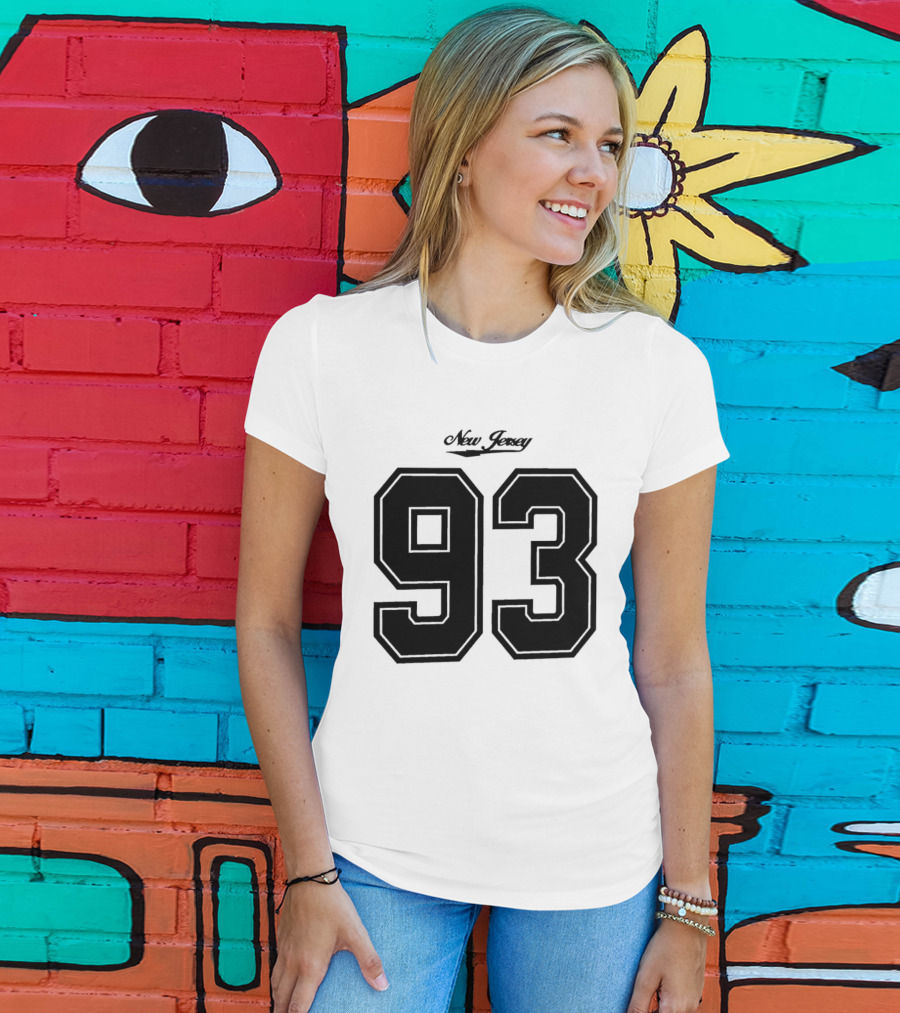 New Jersey 93 Cursive Script Black Varsity Block Number T-Shirt