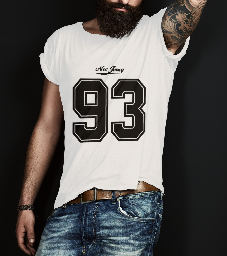 New Jersey 93 Cursive Script Black Varsity Block Number T-Shirt