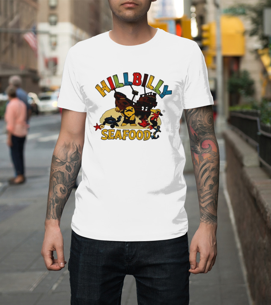 Hillbilly Seafood Cartoon Pirate Ship And Ocean Life Fish Adventure T-Shirt