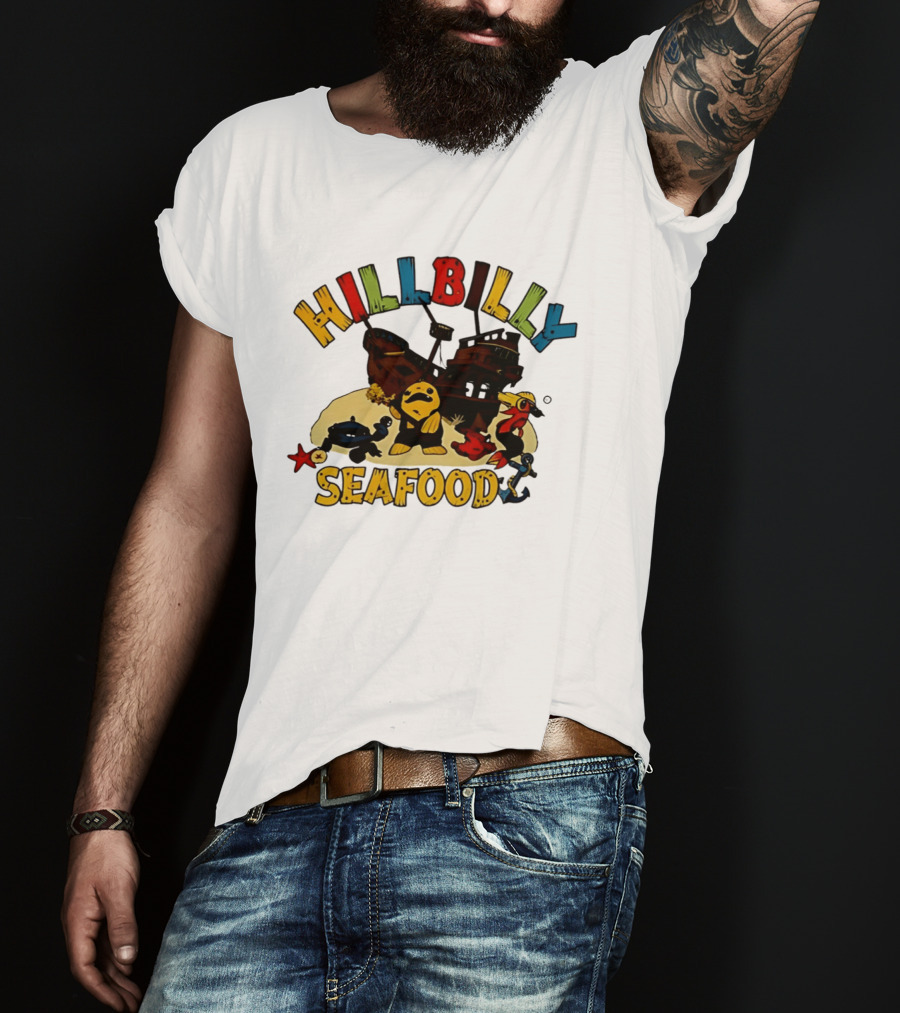 Hillbilly Seafood Cartoon Pirate Ship And Ocean Life Fish Adventure T-Shirt